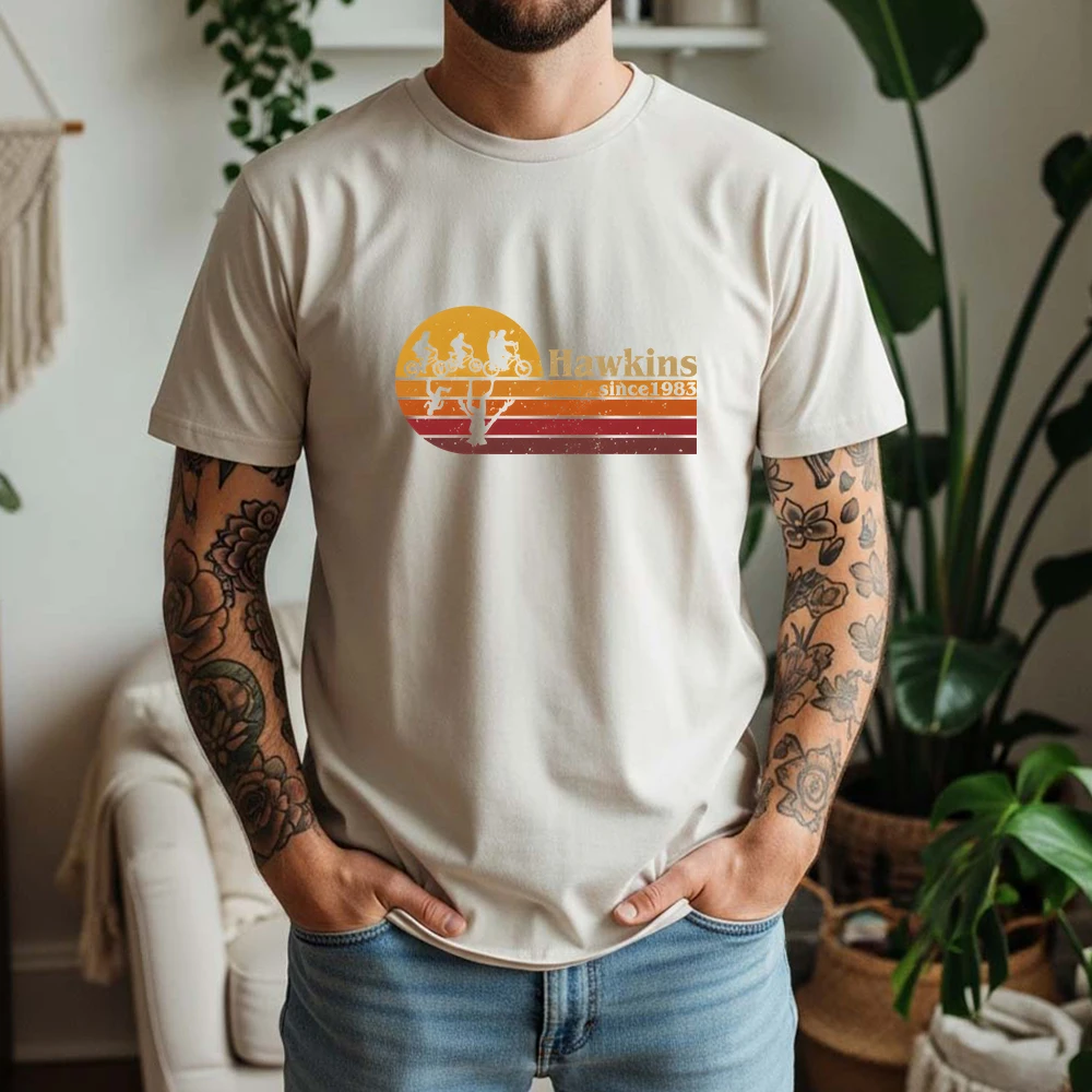 2026 New Summer Mens Casual Short Sleeve Cotton Tee Hawkins 1983 Sunset Biker Print Retro Daily Wear Streetwear