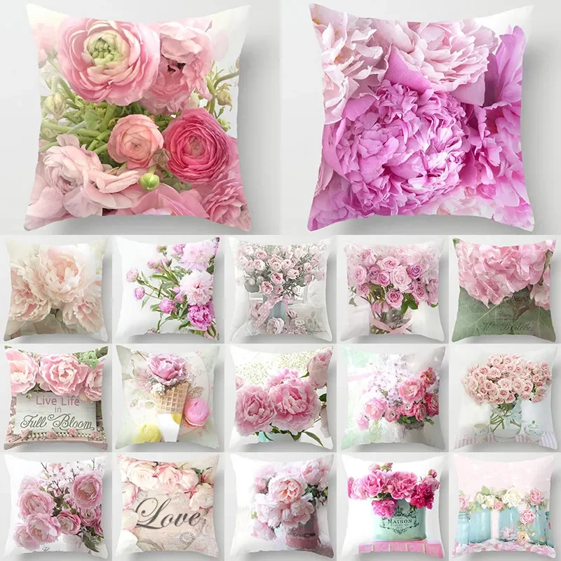 

Pink Rose Flower Pattern Decorative Pillowcase Polyester Cushion Cover Throw Pillow Sofa Home Wedding Decoration Pillowcover