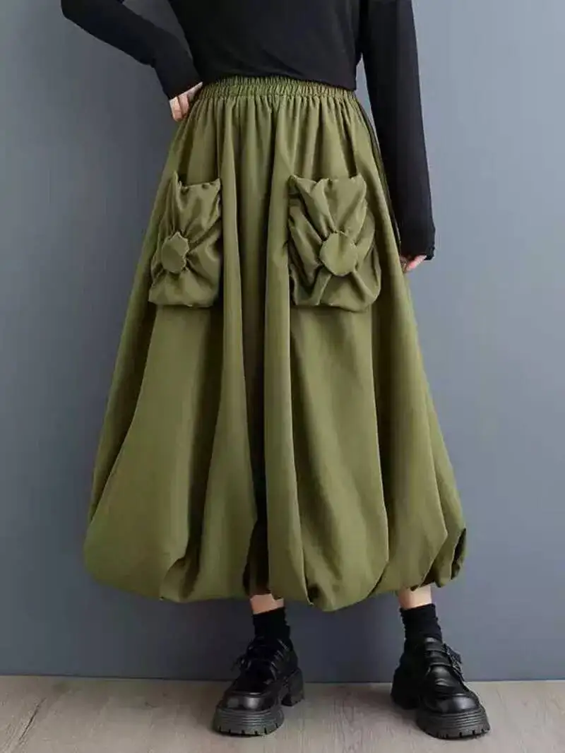 

Новая модная женская повседневная юбка А-силуэта цвета хаки с высокой эластичной талией и карманами, весна-осень 2026 BQ7Z