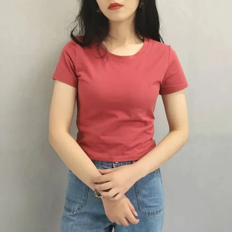 

Nice Woman T-shirt Summer Clothes New Cotton Short-sleeved Round Neck Women's Slim Short Bottoming Shirt Small Top Trendy T Sh