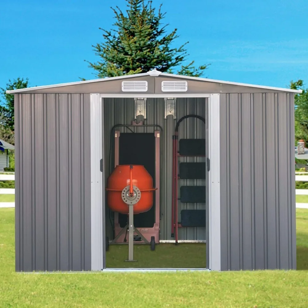 8 X 6 FT Storage Shed, Outdoor Metal Storage Sheds with Sliding Doors, Garden Shed Outdoor Utility Tool Shed