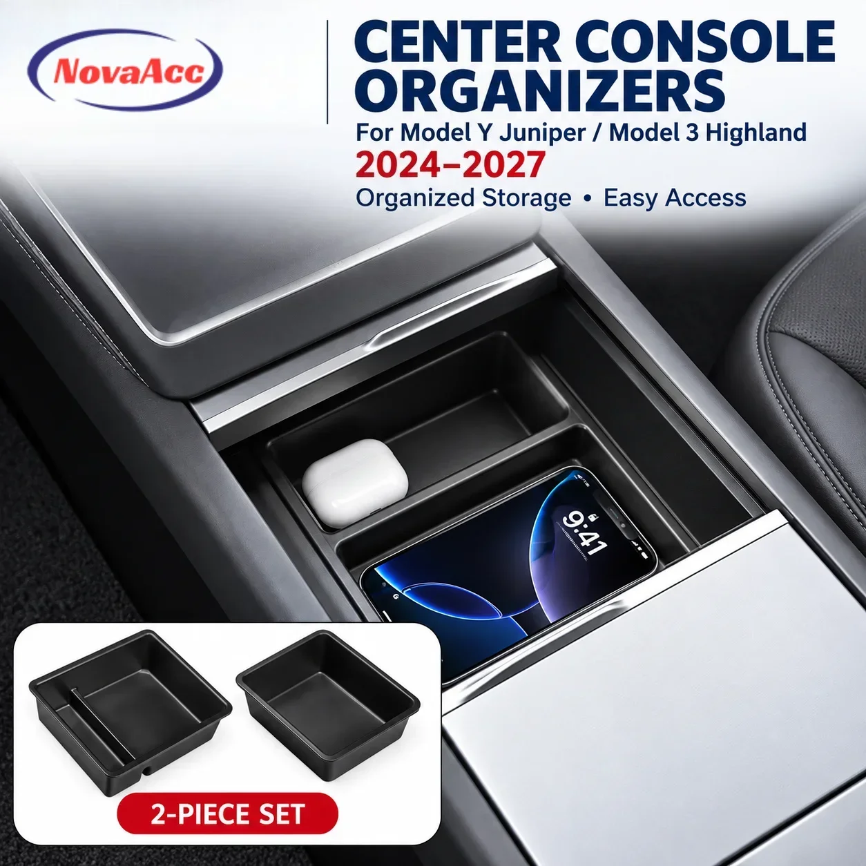 NovaAcc Center Console Storage Box for Tesla Model Y Juniper Model 3 Highland 2024-2027 Front Rear Armrest Organizer Tray