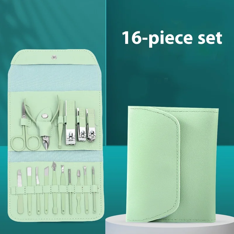 16-Piece Set Nail Clippers Green Tea Foldable Bag Nail Scissors Manicure Eyebrow Trimming Tool Set Nail Care Kit