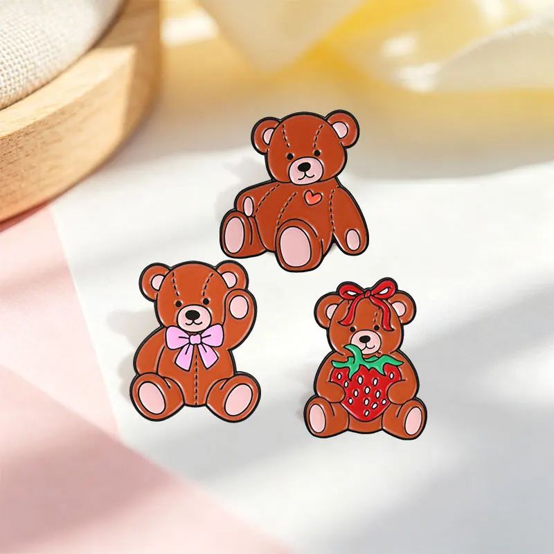 Cartoon Teddy Bear Enamel Badge Kawaii Stitched Doll Bow Strawberry Cartoon Animal Pins Lapel Bags Hat Decor Brooch Jewelry Gift