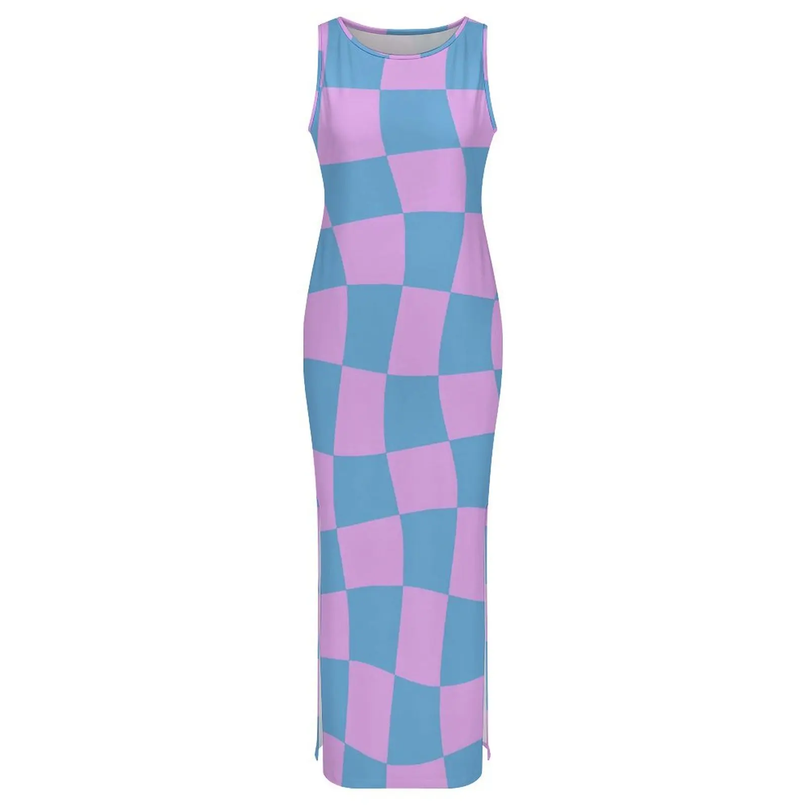 Women Bodycon Dress Kawaii Retro Mod Maxi Dresses Spring Abstract Checkerboard Sleeveless Korean Fashion Custom Dress 3XL 4XL