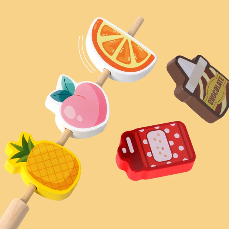 Drewniane zabawki Montessori dla dzieci szpikulec owocowy pasujące koraliki gwintowanie gra edukacyjna logika szkolenia klocki do budowy gra prezenty