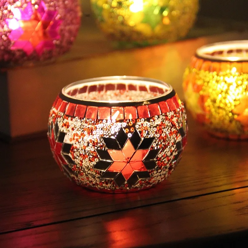 Bohemian Star Mosaic Glass Candlestick, Decorative Tealight Holder for Party & Wedding Table Centerpiece