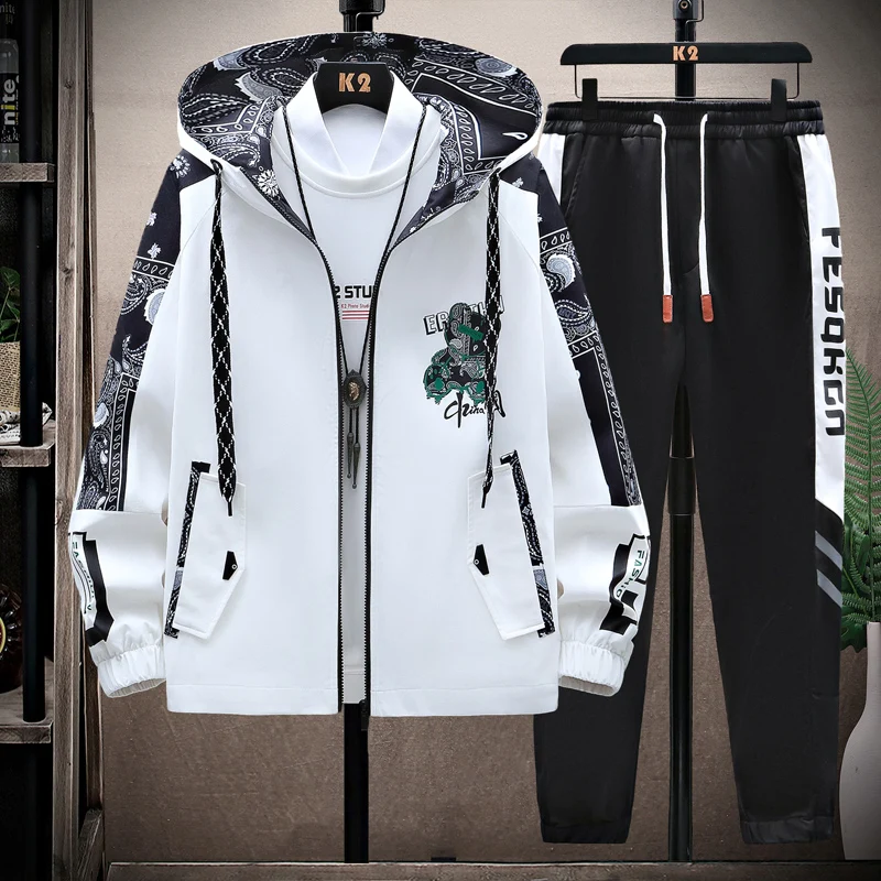 Spring Men Sportswear Tracksuit 2 Piece Running Sets Sports Hooded Jacket+Pant Sweatsuit Male Print Clothing Streetwear