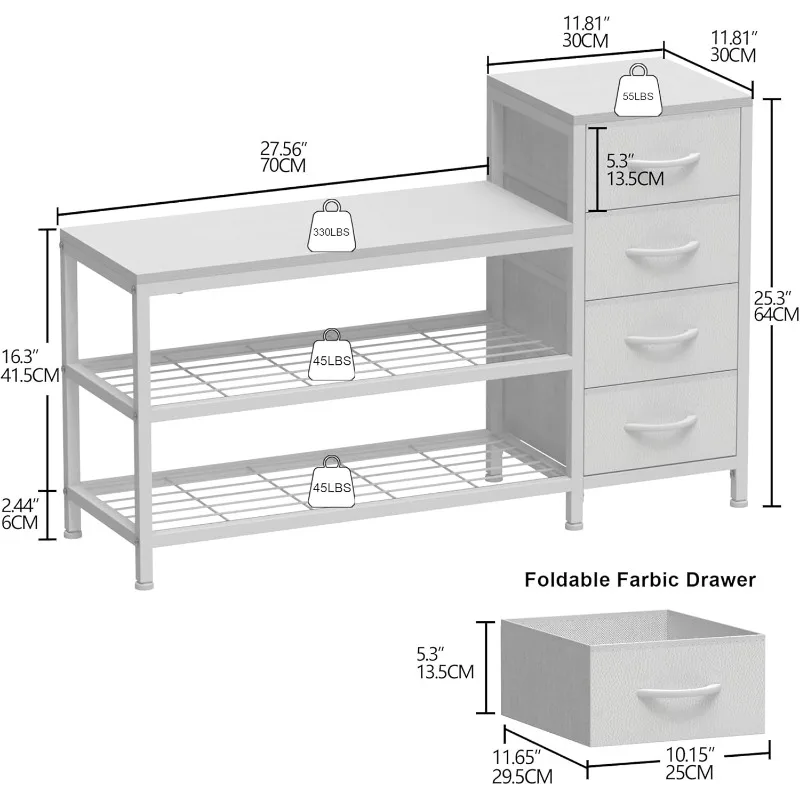 3-Tier Shoe Storage Bench Industrial Entryway Shoes Rack with 4 Drawers and Seating