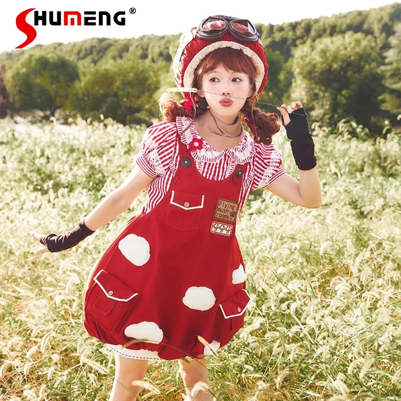 

Original Design Red Lolita Style Strap Dress JSK Spring Summer New Women's High Waist Slimming Cos Costumes Kawaii Short Dress