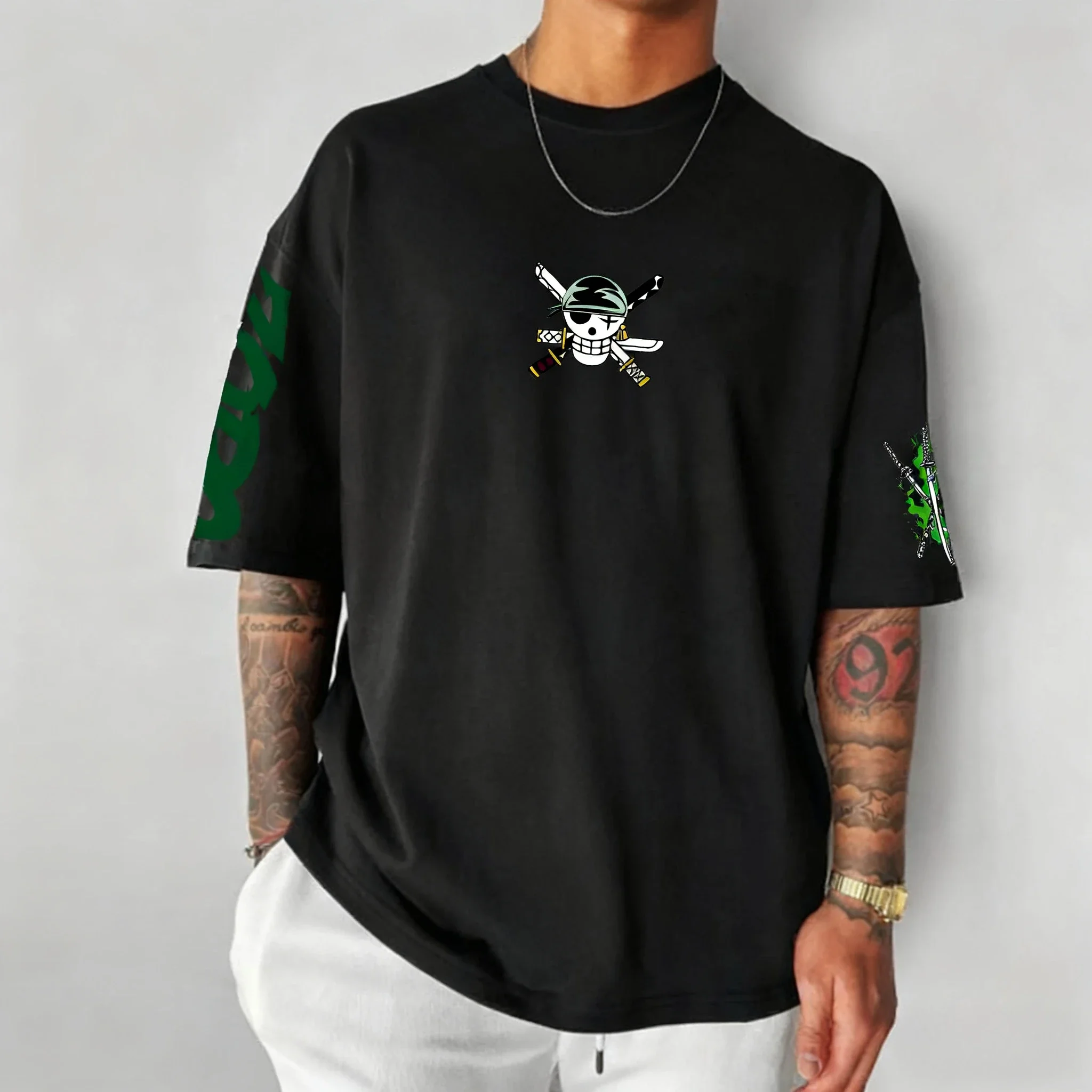 원피스 애니메이션 롤로노아 조로 티셔츠 남성 여름 신상 일본 하라주쿠 스타일 대형 사이즈 트렌드 Y2K 캐주얼 데일리 부모 자녀 상의