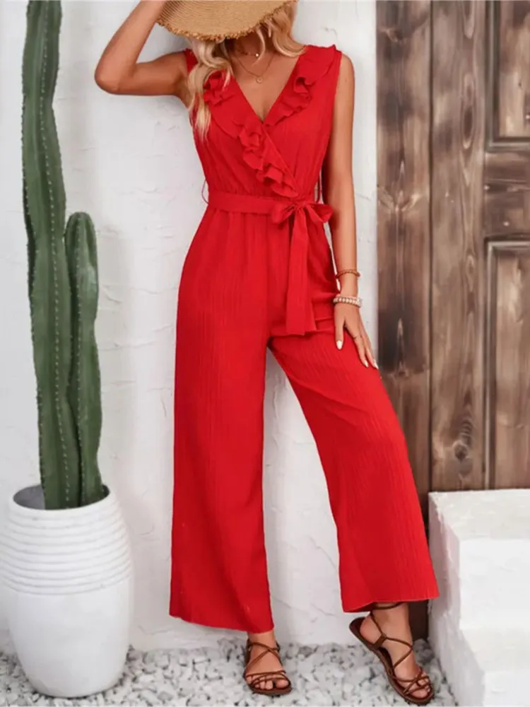 

Fashion Woman 2024 Red Jumpsuit New Jacquard Striped Ruffled Tops Wide Leg Pants Women's Belt Straight Casual Jumpsuit Women