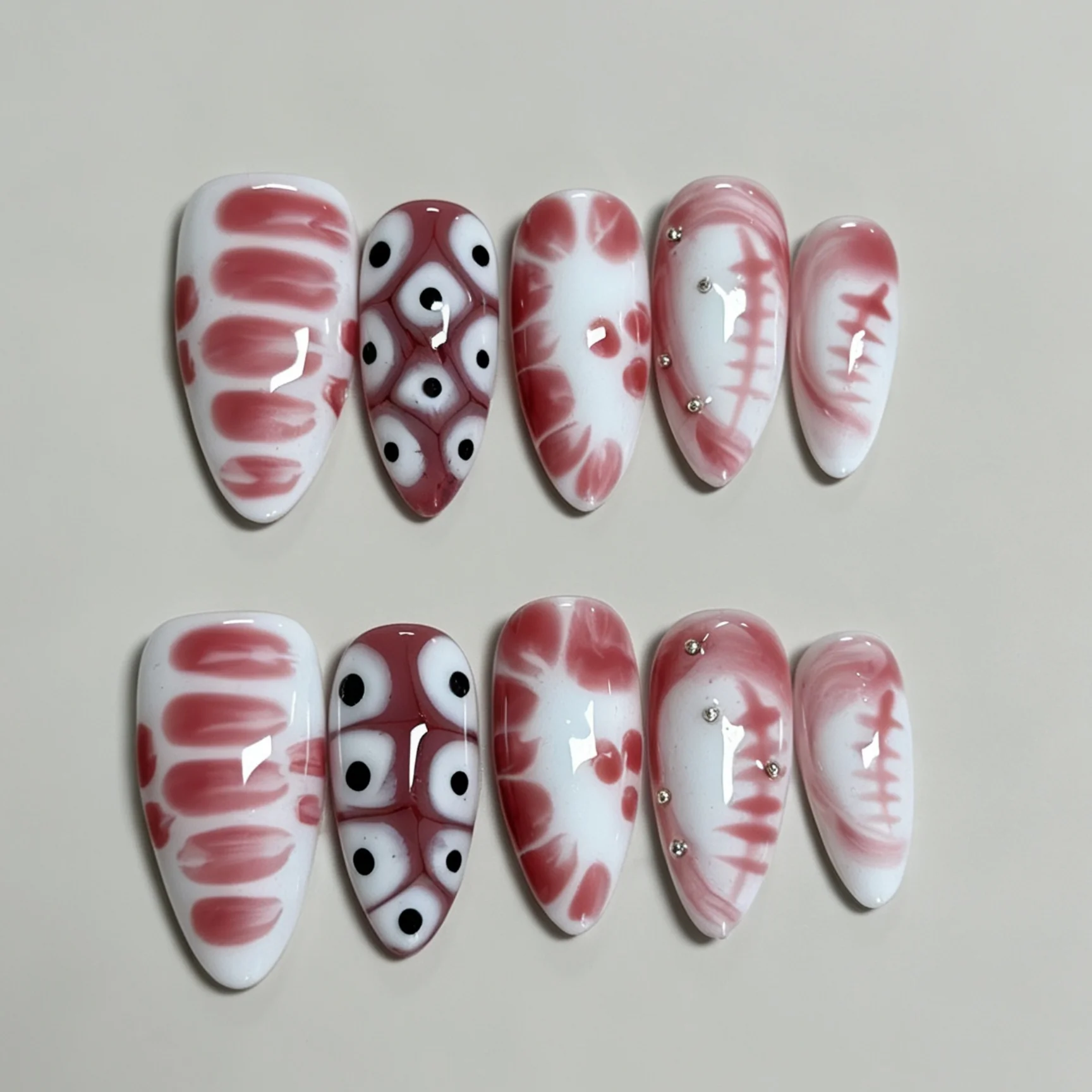 Almond 10Pcs Press On Nails, Pink White Blush Blood Vein Print False Nails, Cute Spots Handmade Nail Art