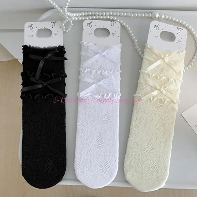 85AE Children's Calf Length Socks Comfortable Leg Wear with Lace Bowknot, Middle Tube Socks for School Performances