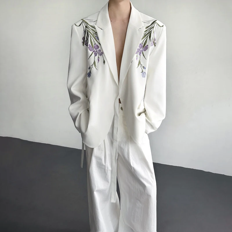 WTHT Fashion Men's Heavy Industy Flower Embroidery Blazer Coats Trendy 2025 Winter Turn Down Collar Belt Jackets Male 2A2607