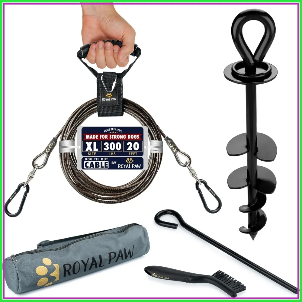 

Heavy Duty Dog Tie Out Cable and Stake 20ft for Large Dogs up to 300 lbs, Outdoor Tether for Yard, Beach & Camping, Black