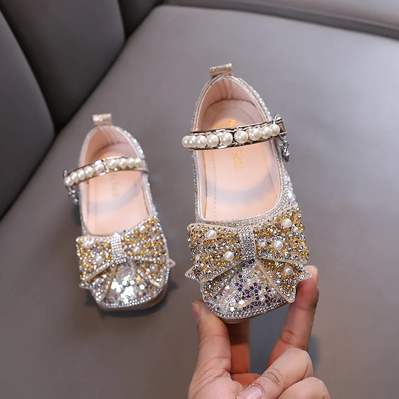 Neue Kinder Schuhe Mädchen Strass Bogen Prinzessin Schuhe Glitter Kinder Baby Tanz Schuhe Kleinkind Mädchen Leder Schuhe J252