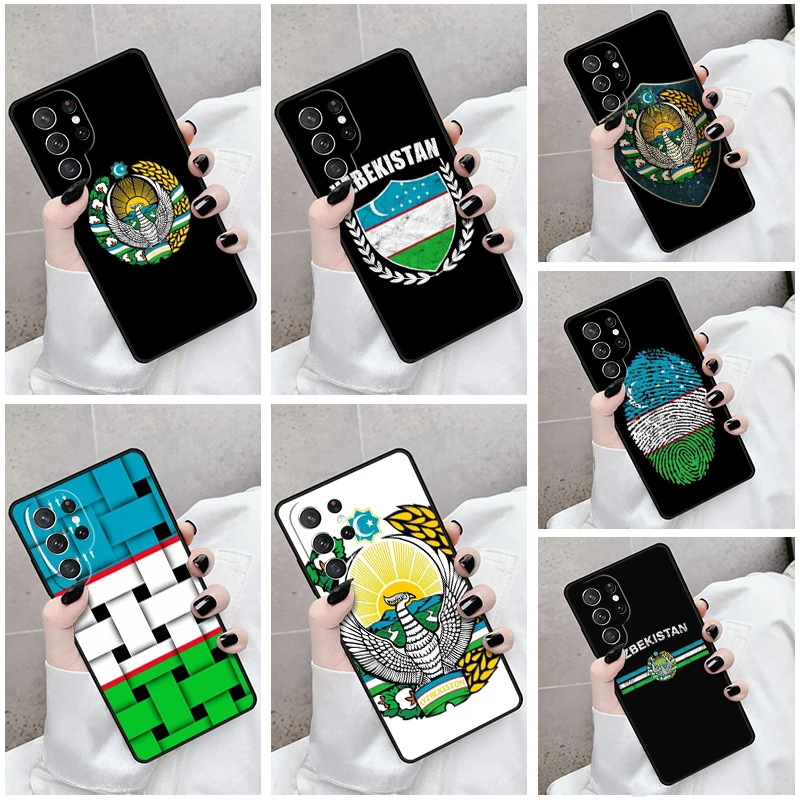 Phone Case For Samsung Galaxy S24 S23 S21fe S22 Ultra Plus Note 10 20 S8 S9 S10 Cover Emblem of Uzbekistan National Flag