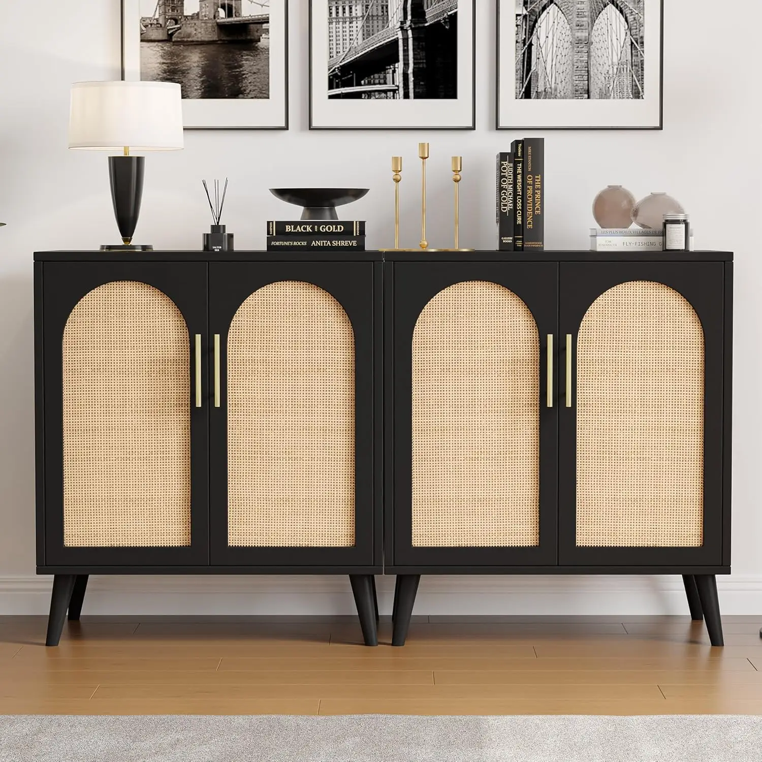 

Rattan Storage Cabinet with Doors, Accent Bathroom Floor Cabinet, Modern Sideboard Buffet Cabinet