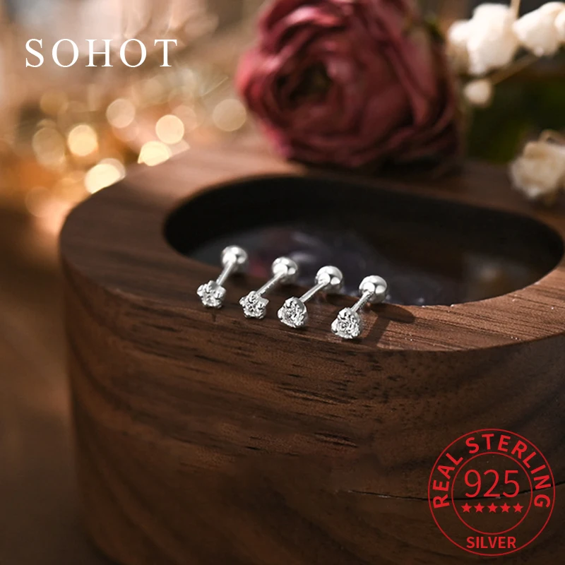

Real 925 Sterling Silver Star Heart Piercing Screw Bead Mini Stud Earrings for Women Cute Fine Jewelry Ear Hole Care Accessories