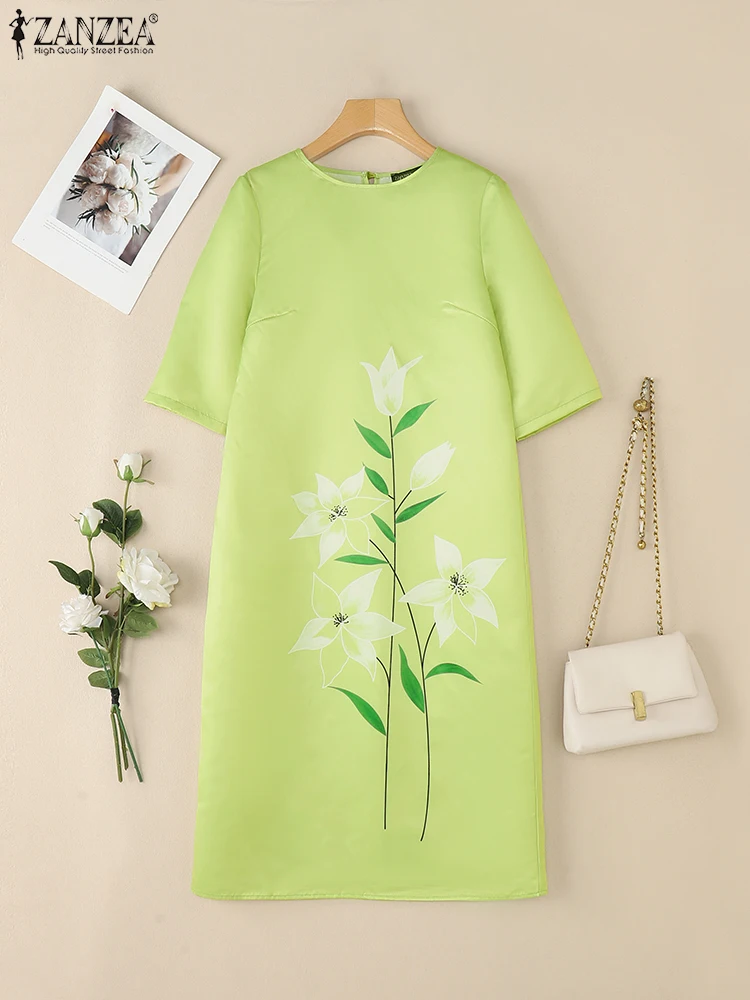 ZANZEA エレガントサテンミディドレス女性カジュアル O ネック 3/4 スリーブ花柄ローブファム 2025 秋ルーズ通勤 Vestidos
