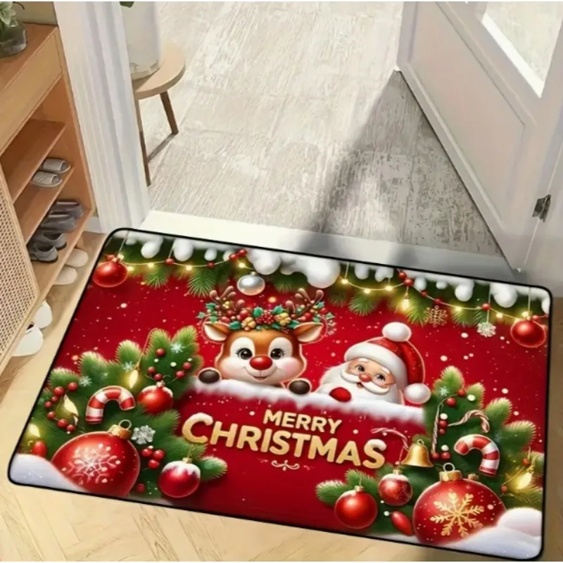 Weihnachts-Fußmatte mit Weihnachtsmann, Urlaubs-Bodenmatte, geeignet für roten Hintergrund mit grünen Vordertüren, Urlaubs-Heimdekoration