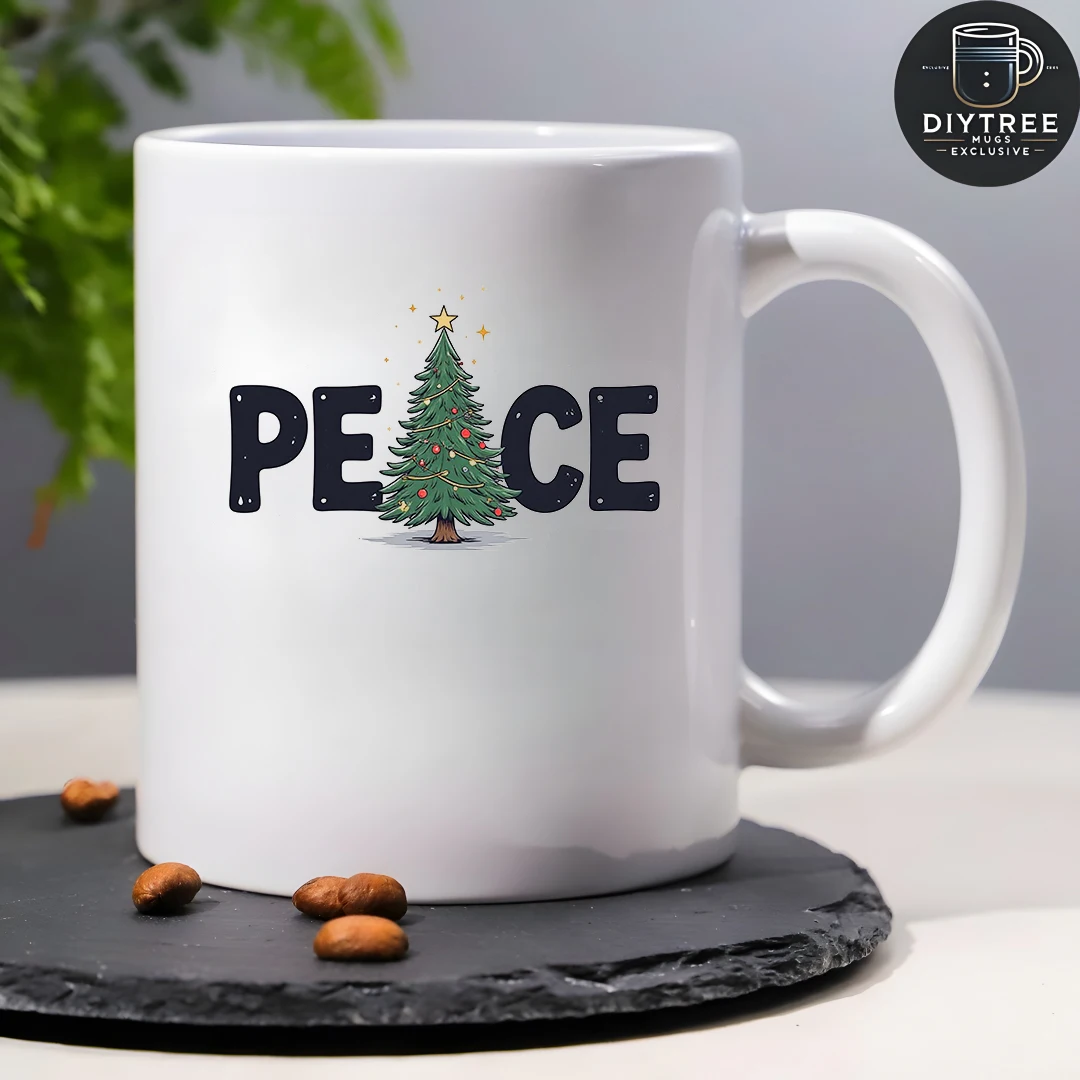 Taza de 11oz + patrón de nubes de árbol de Navidad + decoración de letras de PEACE, regalo de Navidad, taza de agua para niños, taza de café para oficina familiar