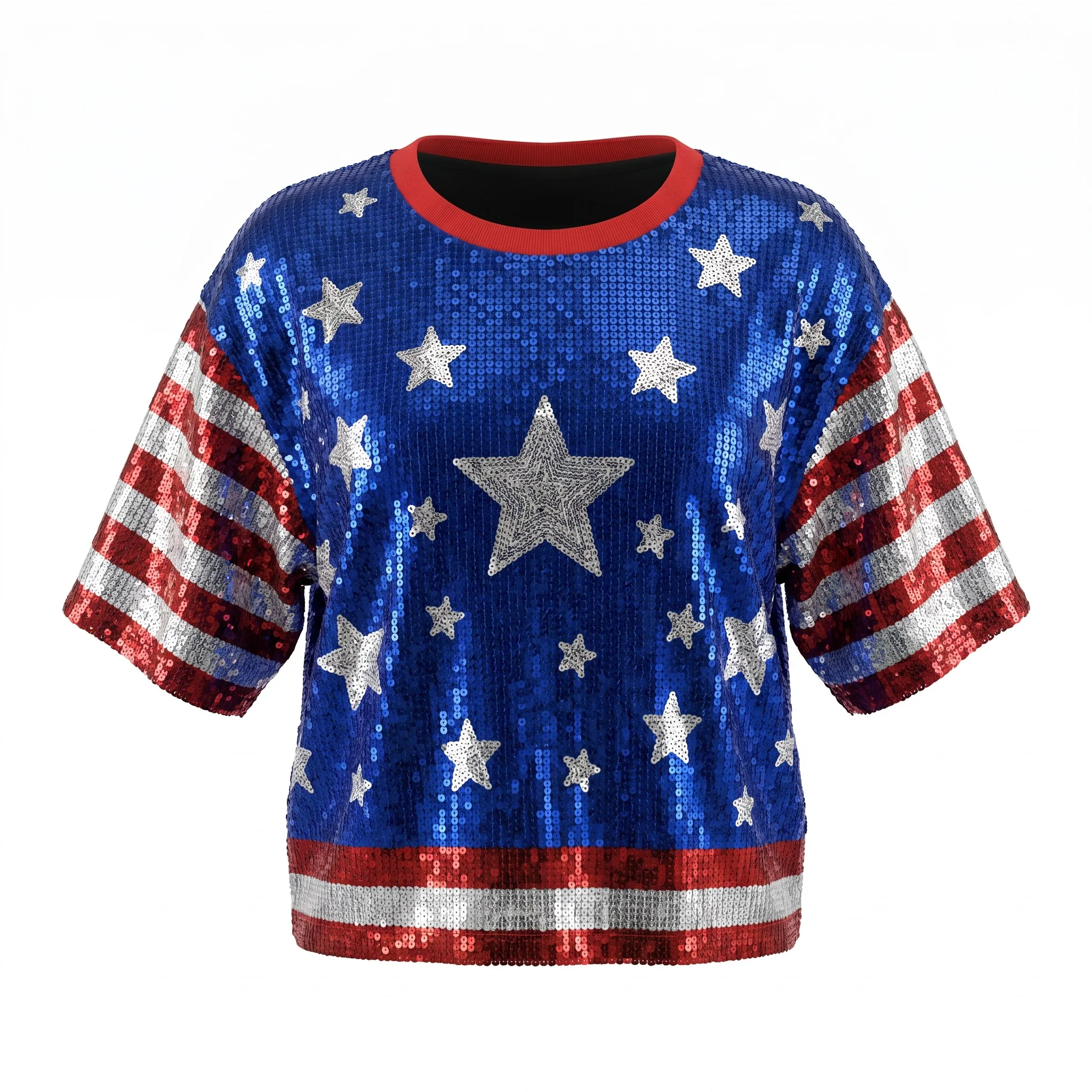 Summer High Quality Short Sleeve Loose Geometry Letter Women's Wear Sequins Streetwear Night Club Hip Hop Straight T-Shirt