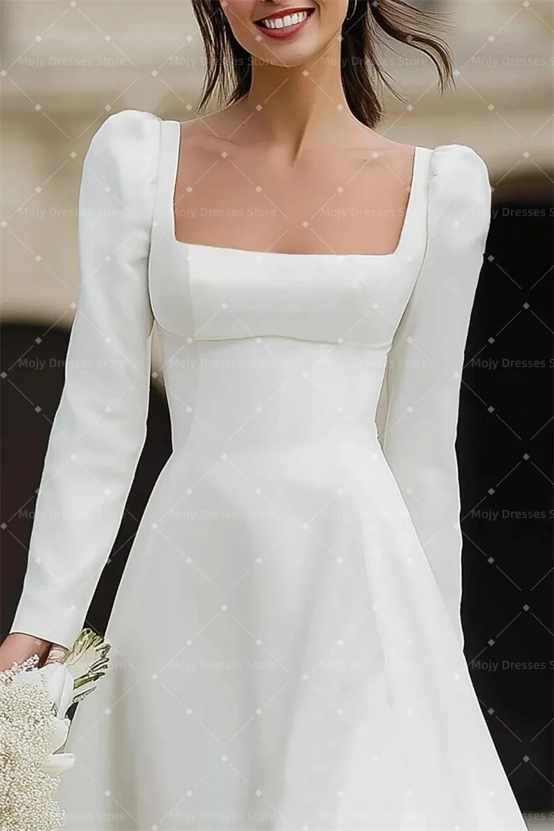 Mojy Square Neck Princess A-Line Simple Wedding Dress For Bride Party Bridal Gown Long Puff Sleeve robe de mariée Customized