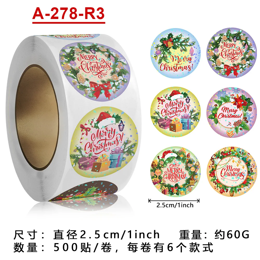 

500pcs/Roll Merry Christmas Laser Cartoon Sealing Stickers DIY PVC Laptop Decals Decoration Reward Gift Toy