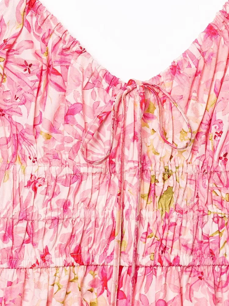 2025 المرأة طباعة فستان بحزام الصيف موضة خمر الرباط القوس حمالة أنثى أنيقة فساتين الشارع الملابس