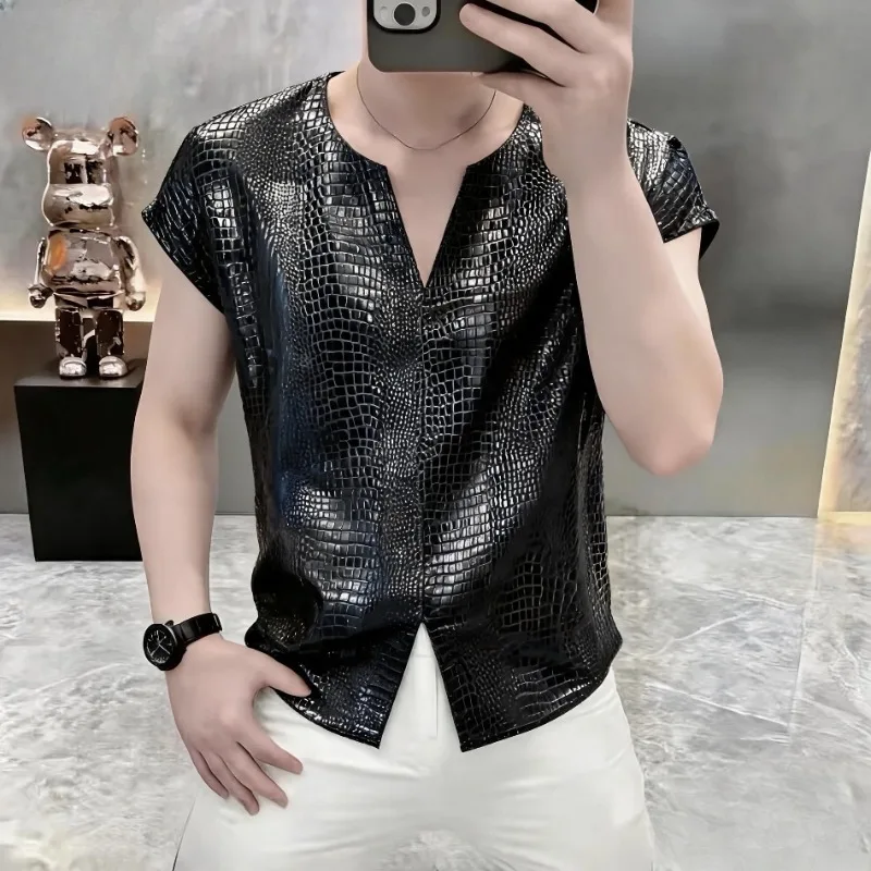 Summer Breathable V-neck Vest Men's Fashion Versatile Thin Sleeveless Vests Short Sleeved Casual T-shirt Social Streetwear Top