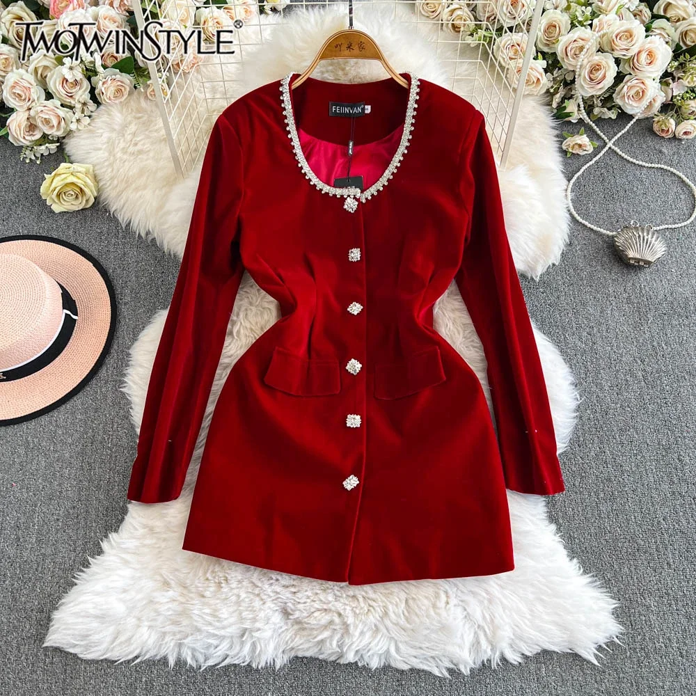 TWOTWINSTYLE Patchwork Diamonds Luxury Style Dress For Women O Neck Long Sleeve Spliced Pockets Fashion Dress Female KDR522430