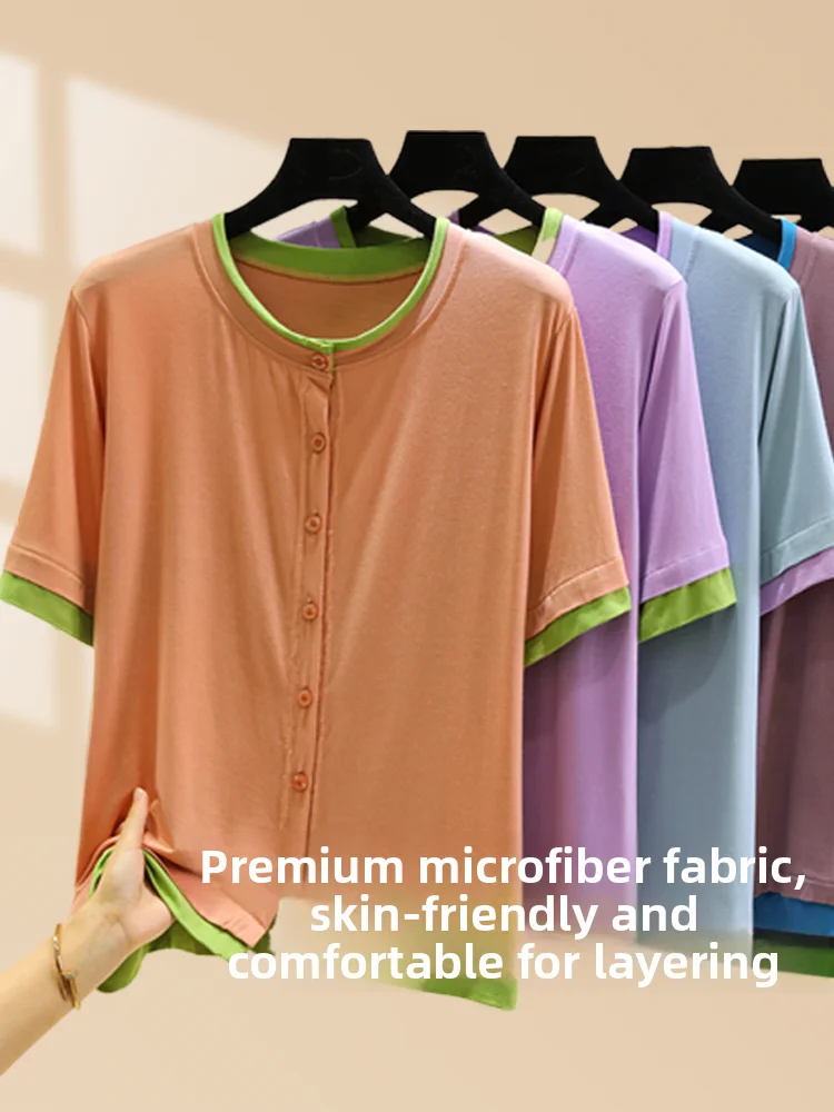 Slimming Effect Modal Thin Home Clothes round Neck Women's Outdoor Wearable Buttoned Open Cardigan Large Size Short Sleeve T-...