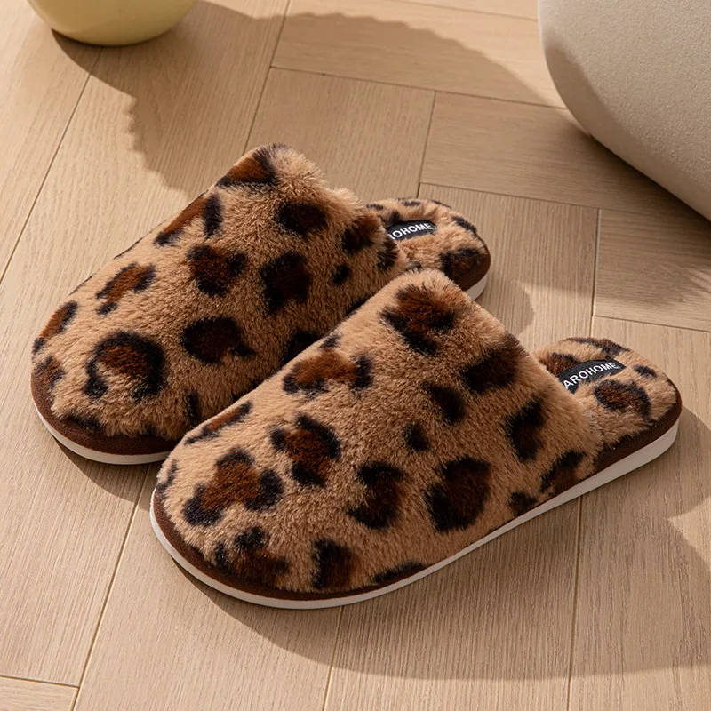 

Leopard Pattern Plush Winter Slippers for Women Open Toe Soft Sole Fuzzy House Shoes Woman Indoor Comfort Warm Faux Fur Slippers