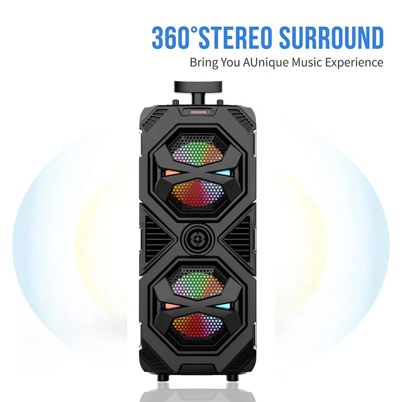 40W High Power Soundbox Outdoor Column Dual 8 Inch Rechargeable Portable Best Karaoke Bluetooth Speaker Room with Wireless Mic