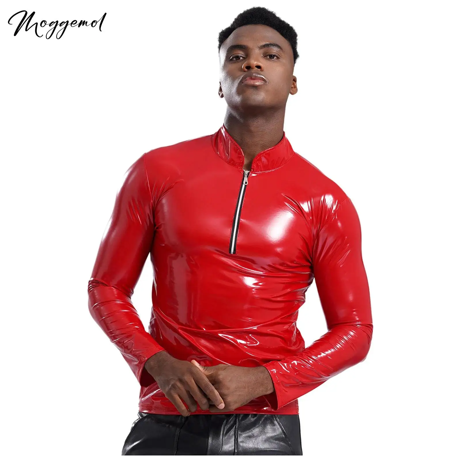 Mens Latex Coat Shiny Metallic Leather Shirt Tops Slim Fit Mock Neck Long Sleeve Front Zipper Top Jacket for Rave Party Clubwear