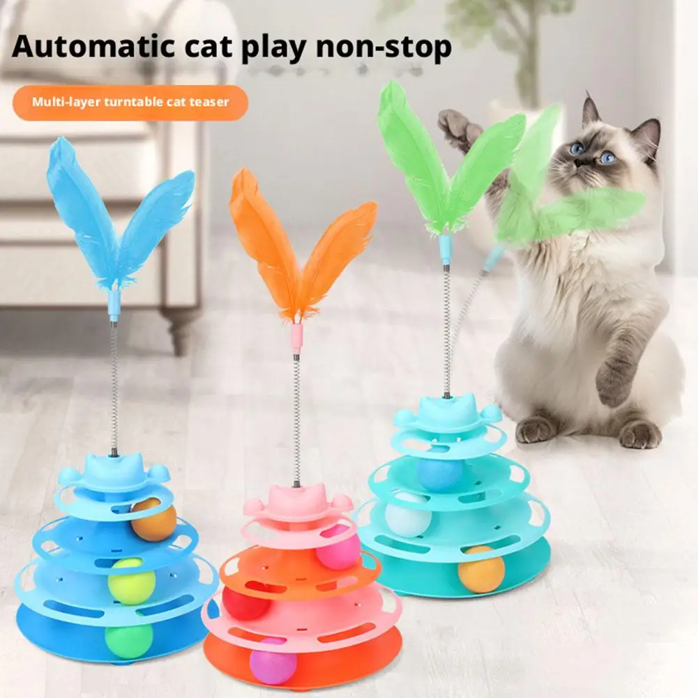 Muster-Feder-Katzenspielzeug, Dreischichtiger Rotierender Turm mit Ball, Interaktiver Spaß für Hauskatzen & Weihnachten, Neujahr Haustier-Spielzeug