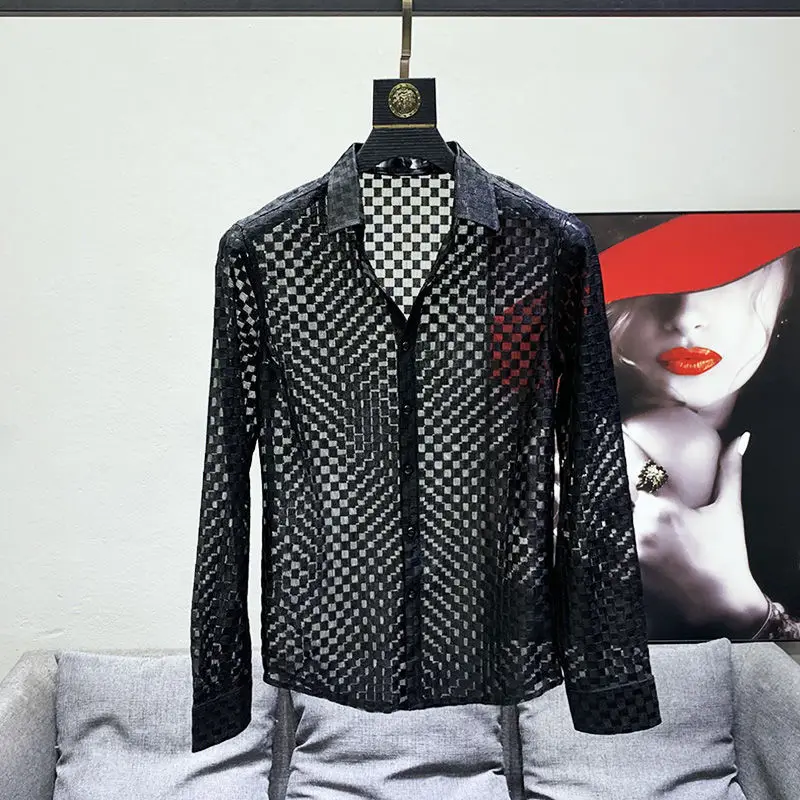 

2024 Spring/Summer/Autumn Personalized Checkerboard Shirt Men's Slim Fit Mesh Breathable Top Fashion Casual Top