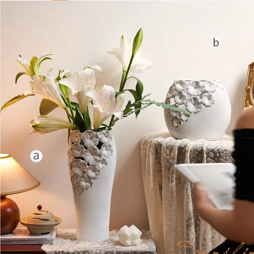 

European hollowed out white ceramic vase for water nourishing flowers, lilies and roses, home decoration ornaments
