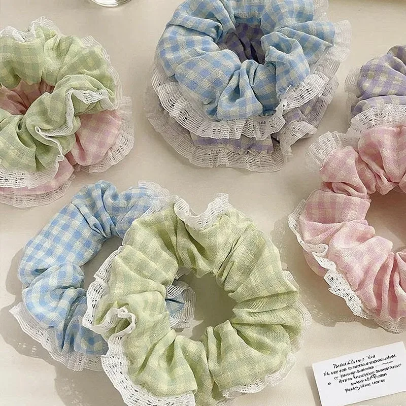 Süßes und niedliches kariertes Spitzen-Haarband, Haargummi, Ins Sweet Sister Haaraccessoires, frisches Haarband – Detail 3