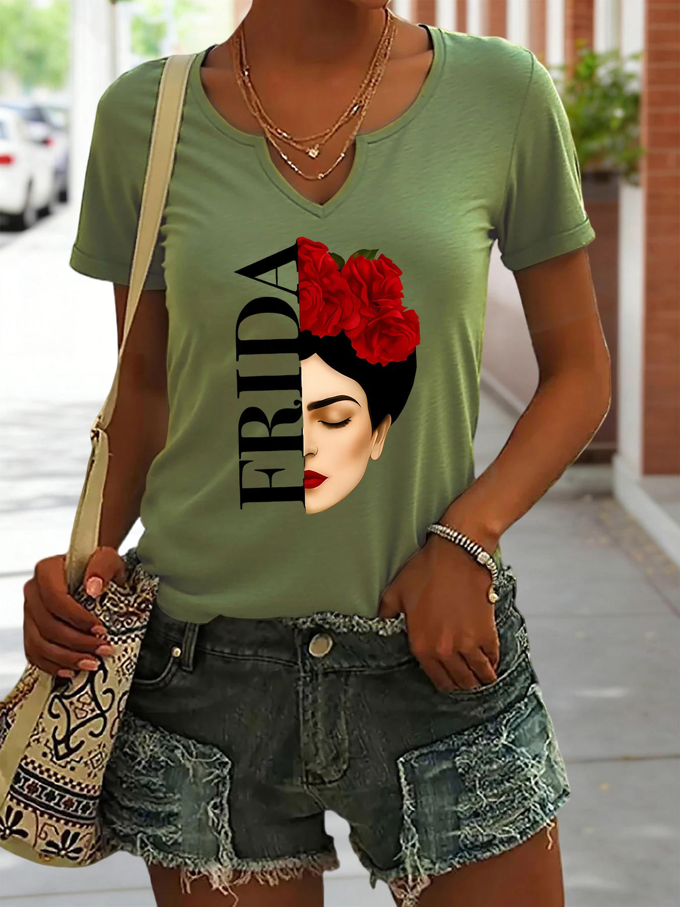 Women's Summer V-Neck Short Sleeve T-Shirt, Frida Kahlo with Red Roses Print, Artistic Feminist Casual Fashion Top view 6