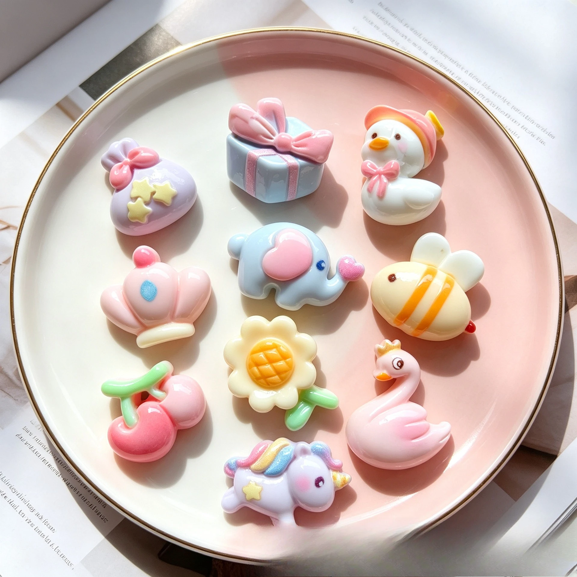 100pcs Cute Animal Duckling Elephant Swan Crown Cherry Bee Flatback Resin Cabochon DIY Accessories Hairpin Pendant Decor