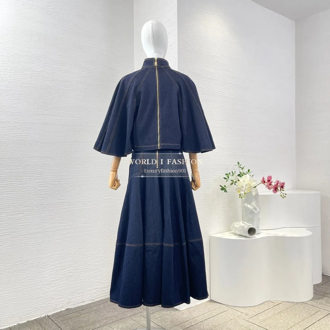 Set top in camicetta di jeans con colletto alla coreana e maniche a 3/4 blu navy