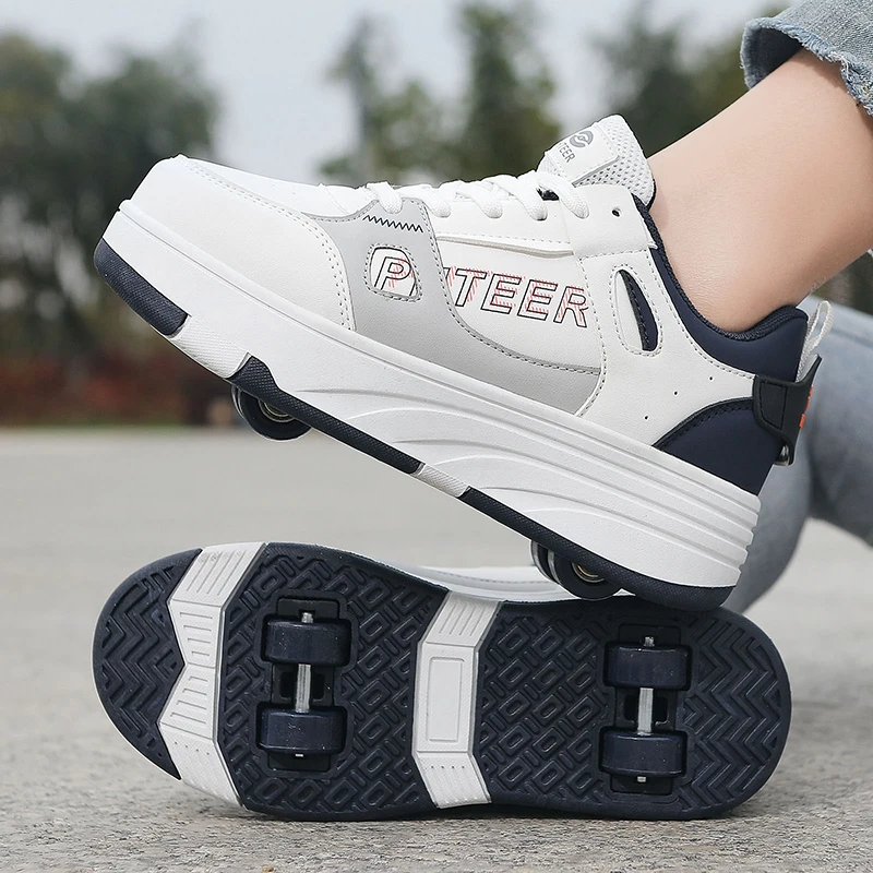 Design Outdoor Children Four Wheels Roller Skates Shoes Boys and Girls Breathable Leather Walking Shoes Kids Students Gift Shoes