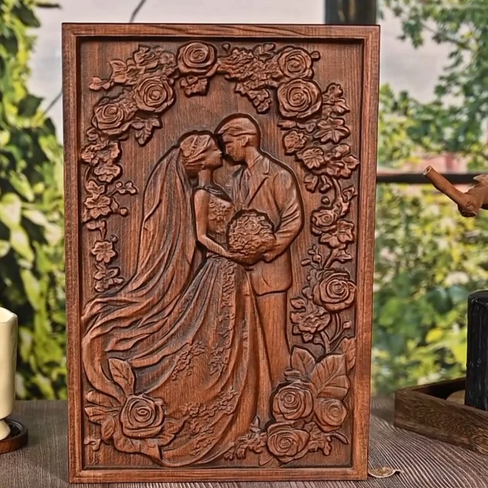 Wedding Couple Wood Relief, Hand-Carved Romantic Wall Art for Anniversary Gift & Home Decoration