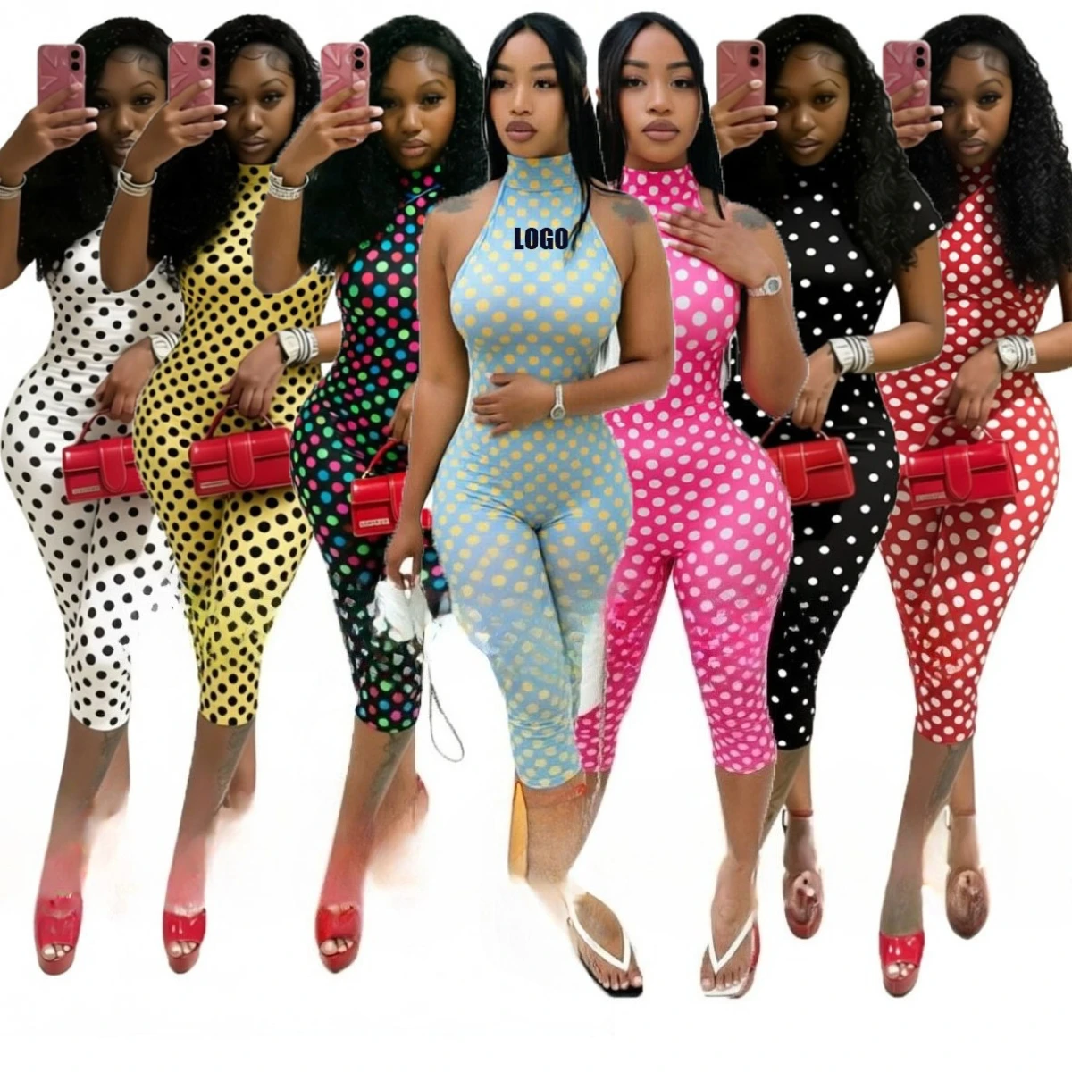 Custom LOGO European  American women's clothing new spring  summer polka dot print stretch halterneck backless slim bodysuit