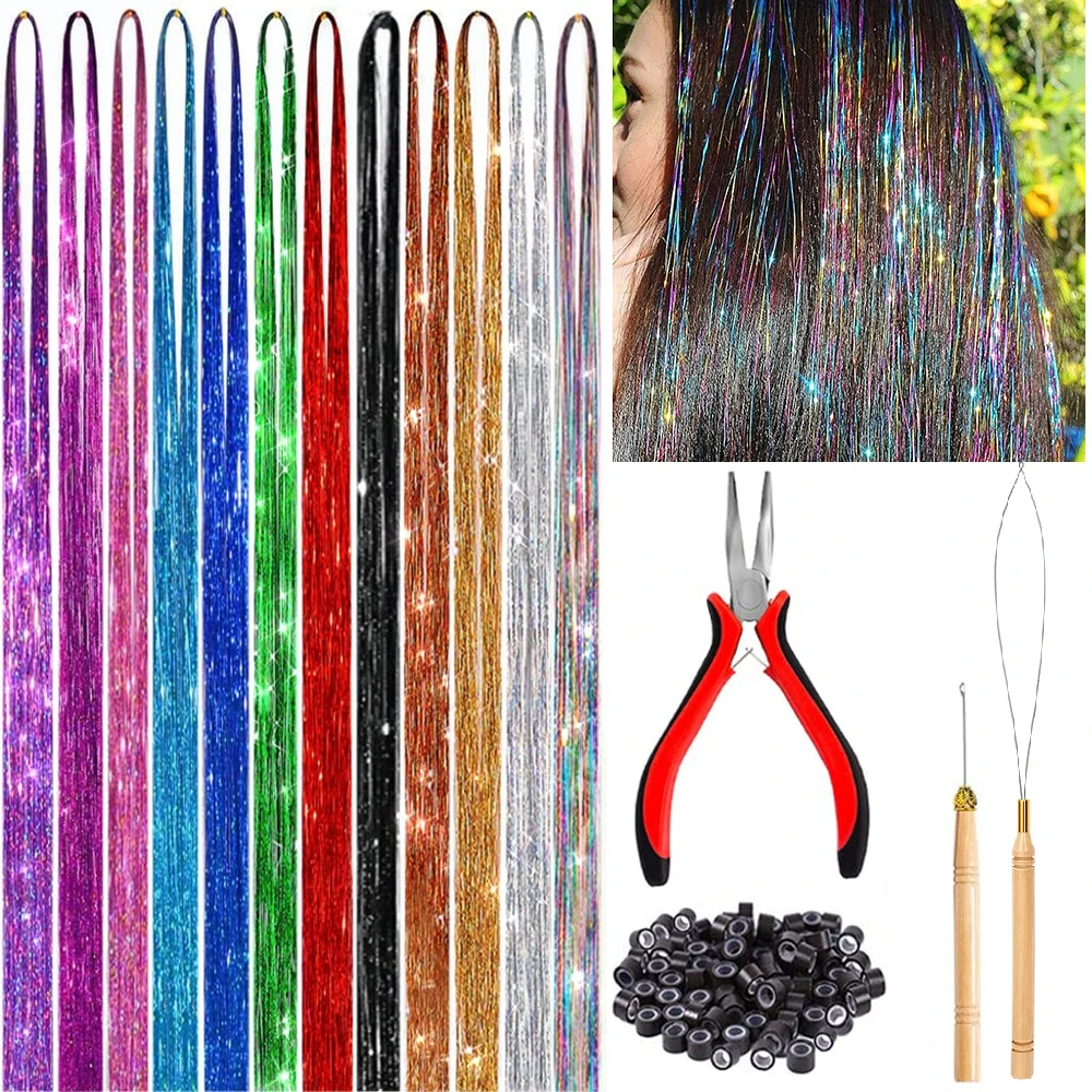 

90Cm Colorful Hair Tinsel Hair Extensions Kit With Tools 12 Colors Fairy Hair Tinsel Heat Resistant Highlights Glitter For Women