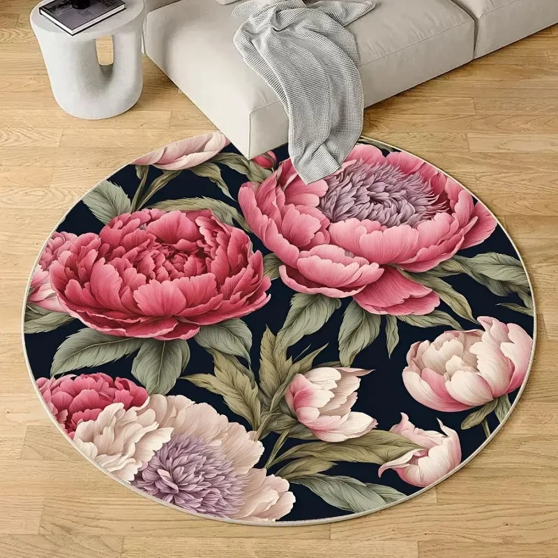 Large Round Decorative Cushion Floor Rug with Detailed Peony Floral Print for Living Room Decor