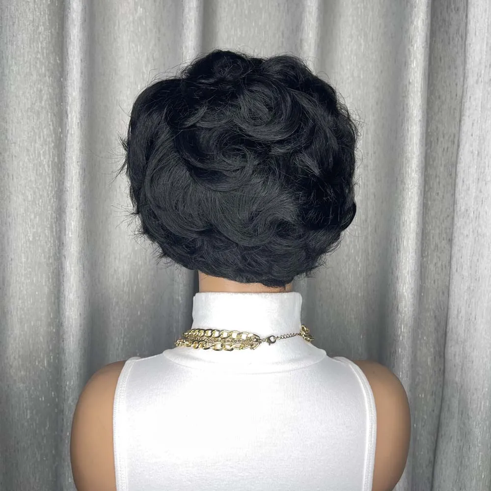 باروكات شعر بشري قصيرة بقص عابث للنساء ذوات البشرة السمراء، باروكة شعر بشري ريمي للاستخدام اليومي، شعر مستعار طبيعي مصنوع آليًا باللون الأسود